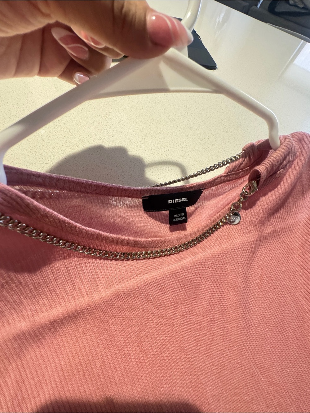 Diesel Pink Ribbed Tee with Silver Chain Accent